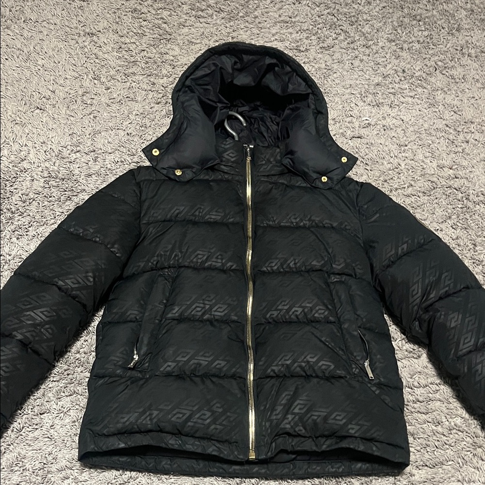 Unisex supply and demand black puffer with gold zipper and details